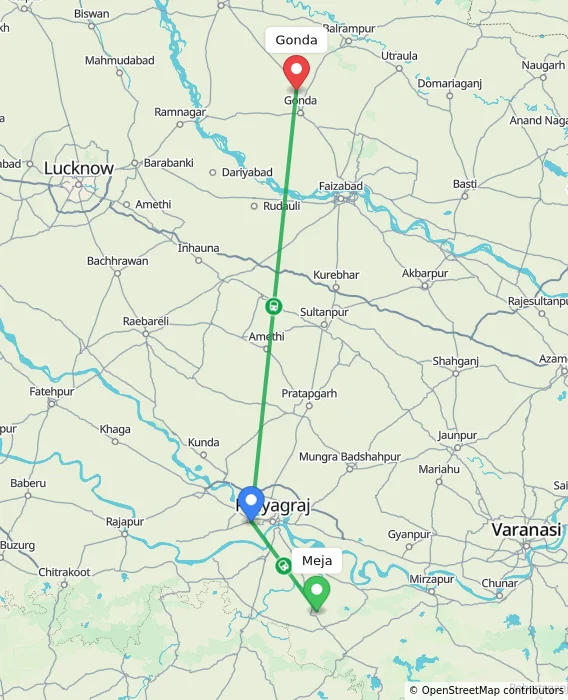 Route map showing distance and travel time from Meja, India to Gonda, India