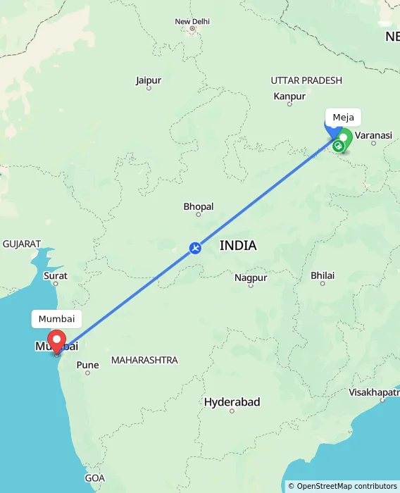 Route map showing distance and travel time from Meja, India to Mumbai, India