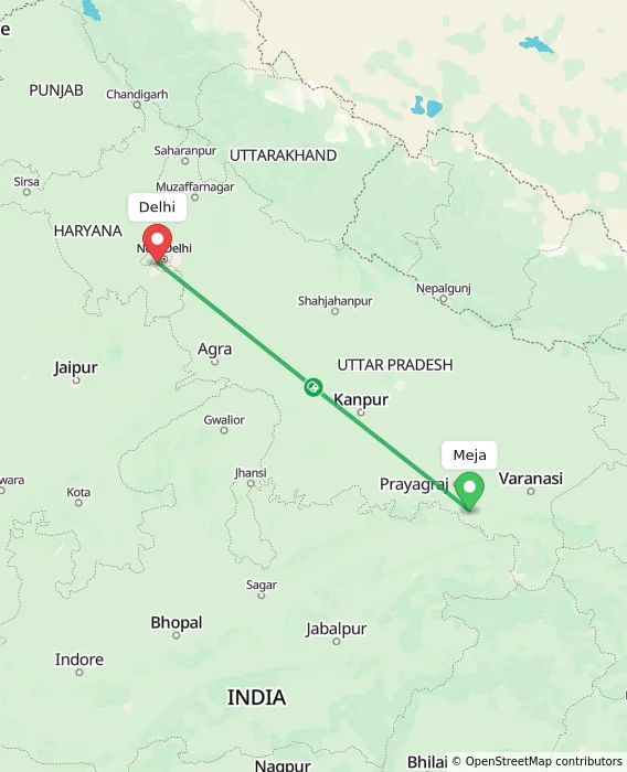 Route map showing distance and travel time from Meja, India to Delhi, India