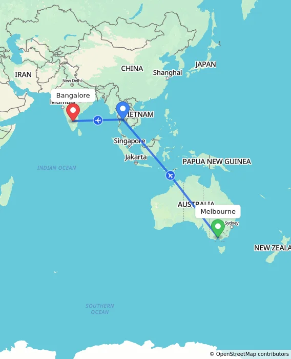 Route map showing distance and travel time from Melbourne, Australia to Bangalore, India
