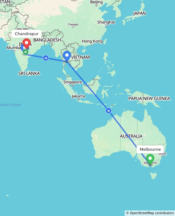 Route map showing distance and travel time from Melbourne, Australia to Chandrapur, India