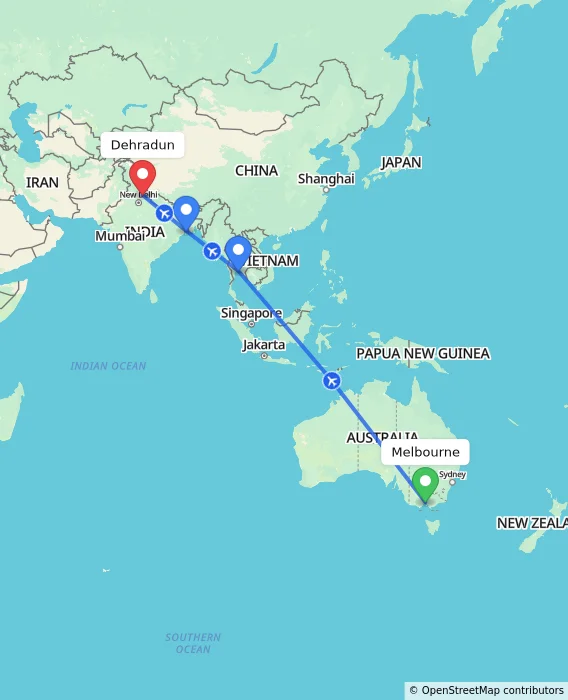 Route map showing distance and travel time from Melbourne, Australia to Dehradun, India
