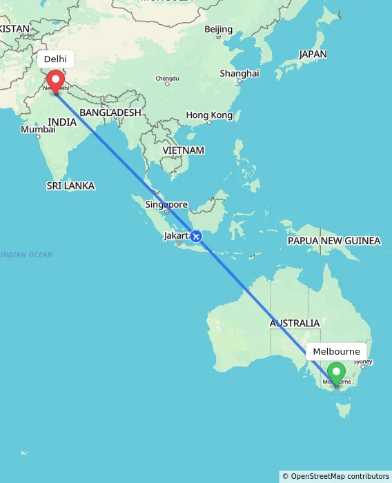 Route map showing distance and travel time from Melbourne, Australia to Delhi, India