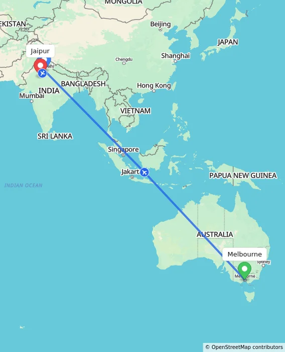 Route map showing distance and travel time from Melbourne, Australia to Jaipur, India