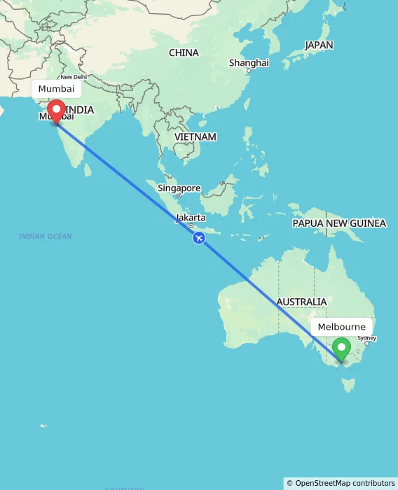 Route map showing distance and travel time from Melbourne, Australia to Mumbai, India