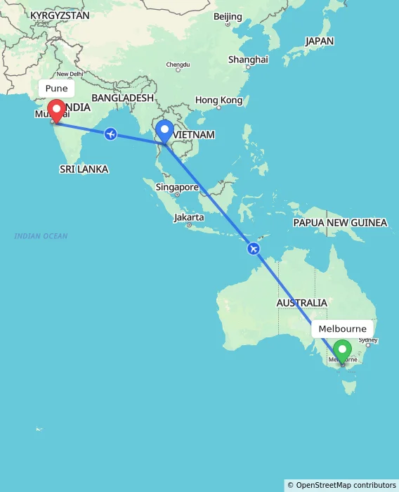 Route map showing distance and travel time from Melbourne, Australia to Pune, India