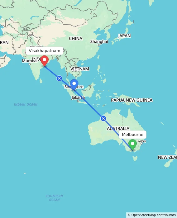 Route map showing distance and travel time from Melbourne, Australia to Visakhapatnam, India