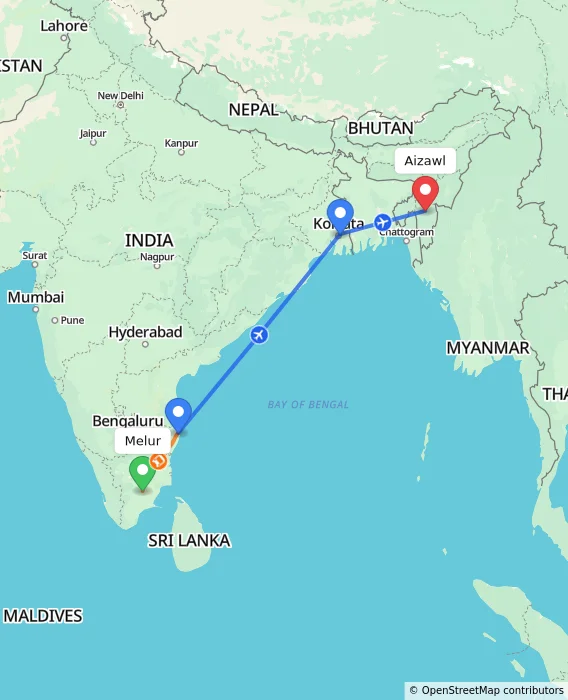 Route map showing distance and travel time from Melur, India to Aizawl, India