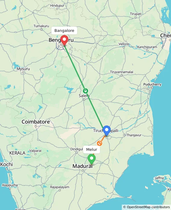 Route map showing distance and travel time from Melur, India to Bangalore, India