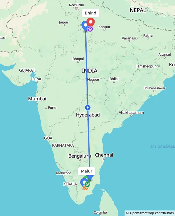 Route map showing distance and travel time from Melur, India to Bhind, India