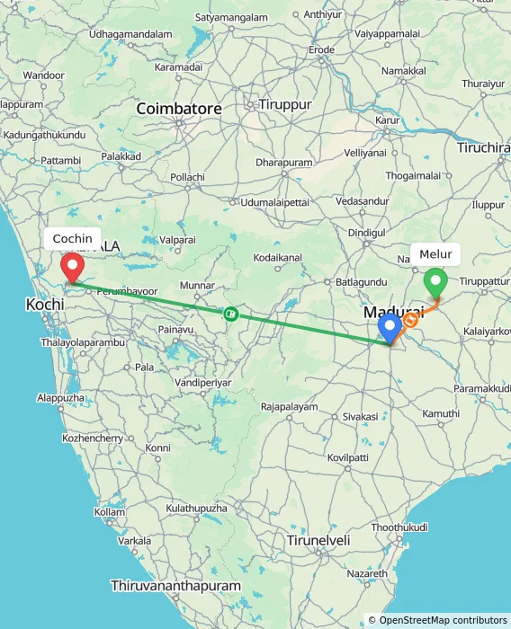 Route map showing distance and travel time from Melur, India to Cochin, India