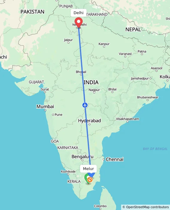 Route map showing distance and travel time from Melur, India to Delhi, India