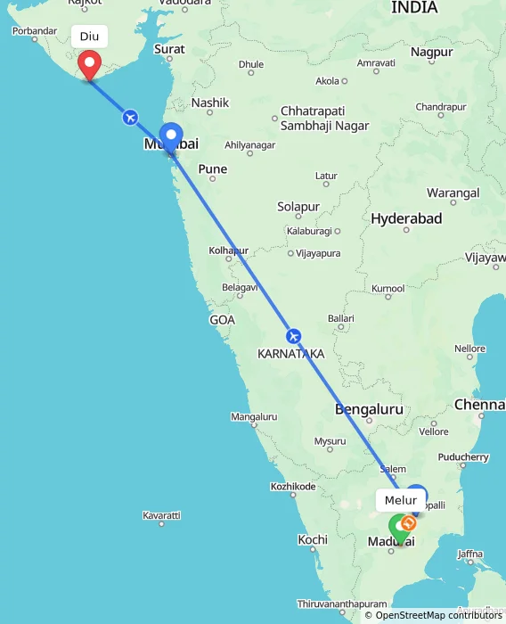 Route map showing distance and travel time from Melur, India to Diu, India