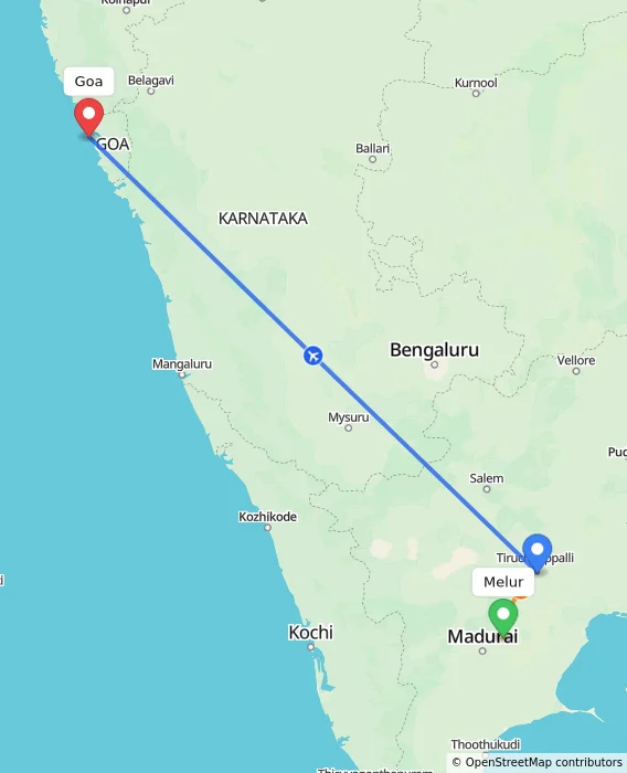 Route map showing distance and travel time from Melur, India to Goa, India