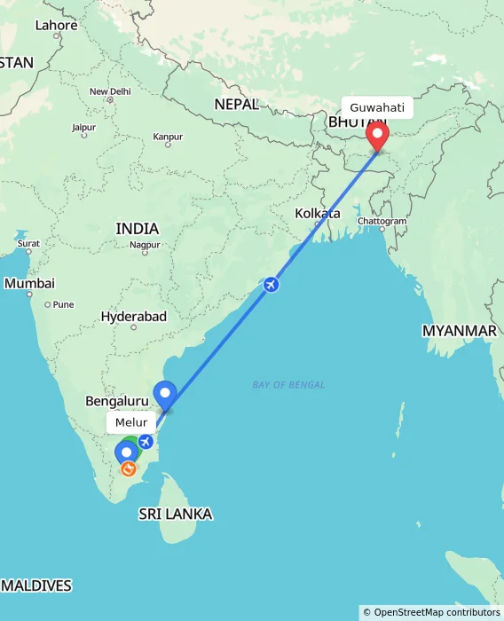 Route map showing distance and travel time from Melur, India to Guwahati, India