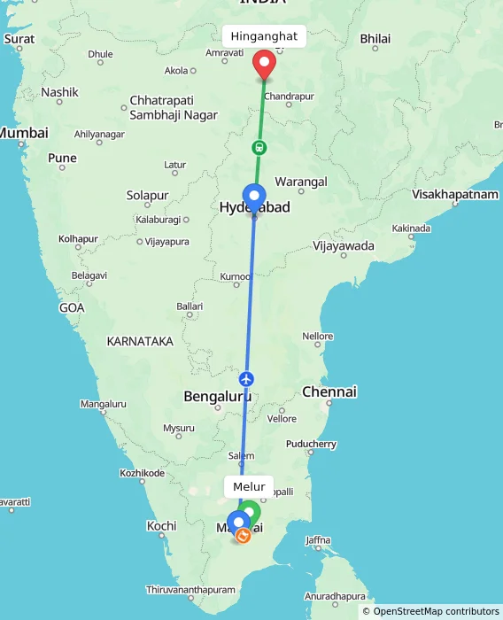 Route map showing distance and travel time from Melur, India to Hinganghat, India