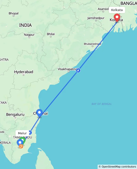 Route map showing distance and travel time from Melur, India to Kolkata, India