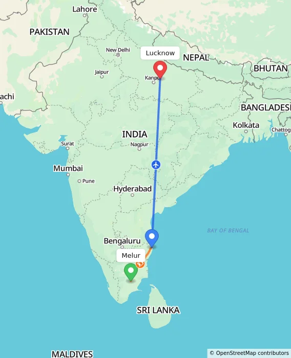 Route map showing distance and travel time from Melur, India to Lucknow, India