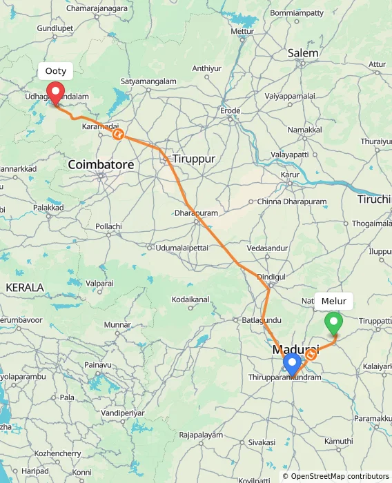 Route map showing distance and travel time from Melur, India to Ooty, India