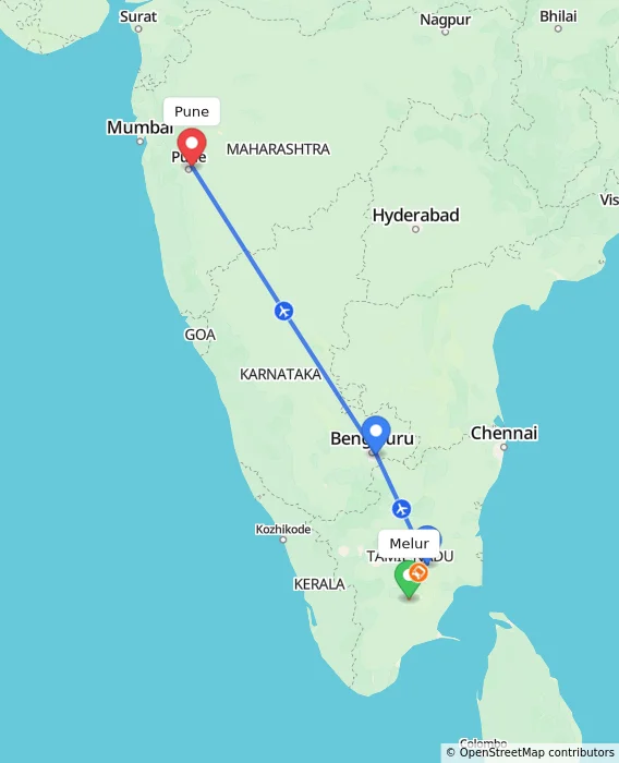 Route map showing distance and travel time from Melur, India to Pune, India