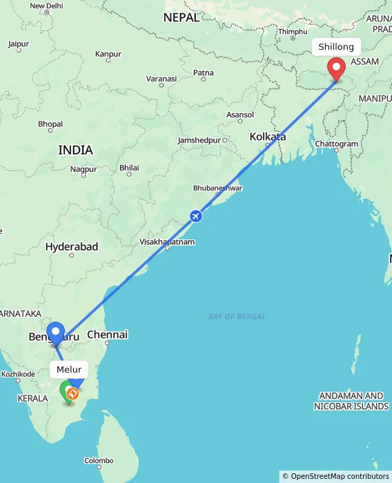 Route map showing distance and travel time from Melur, India to Shillong, India