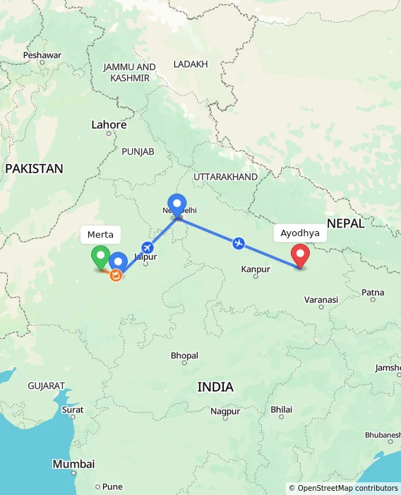 Route map showing distance and travel time from Merta, India to Ayodhya, India