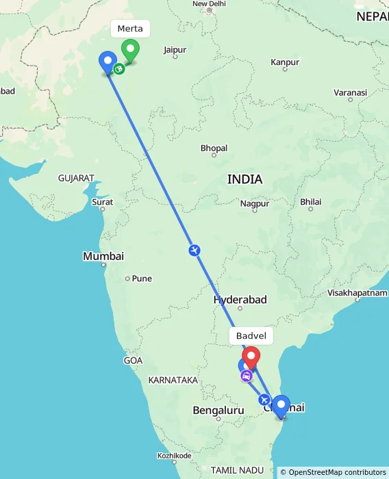 Route map showing distance and travel time from Merta, India to Badvel, India