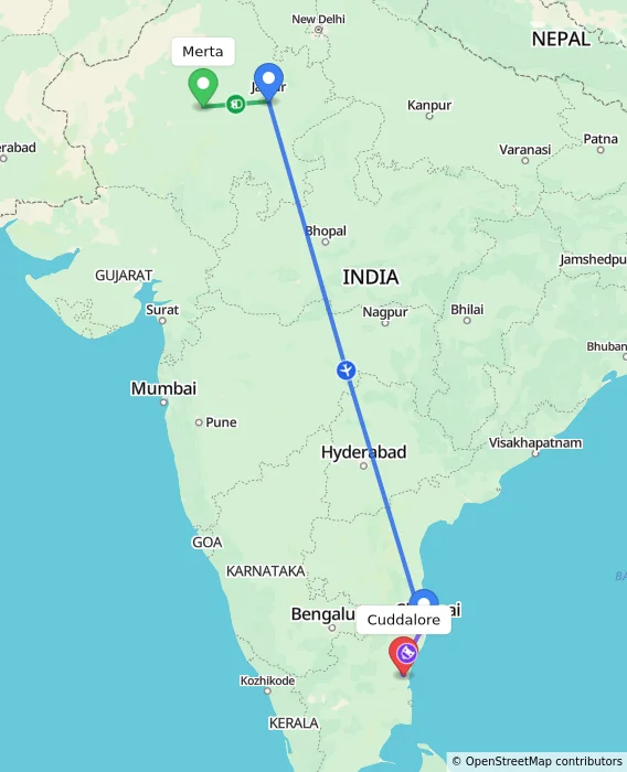Route map showing distance and travel time from Merta, India to Cuddalore, India