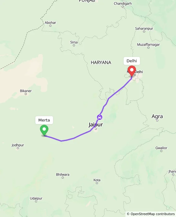 Route map showing distance and travel time from Merta, India to Delhi, India