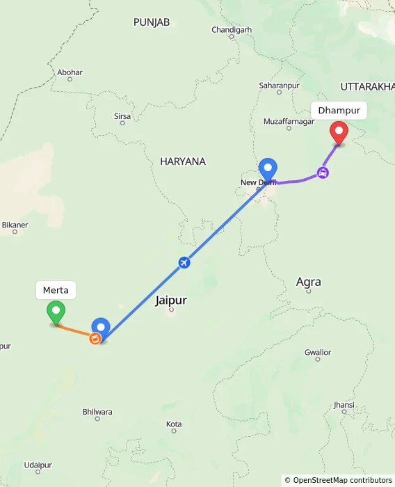 Route map showing distance and travel time from Merta, India to Dhampur, India