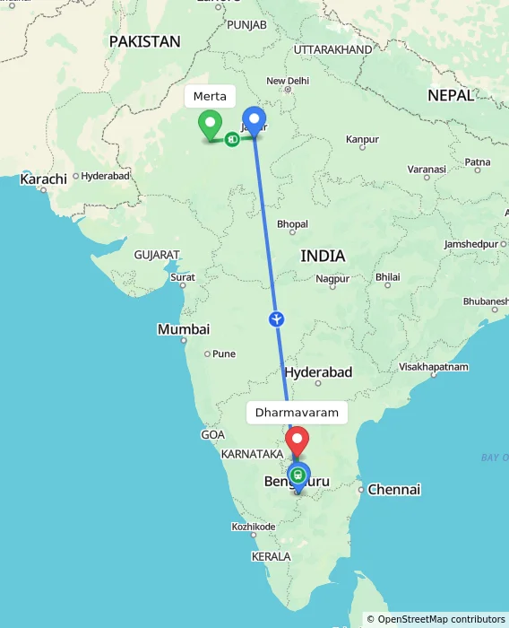 Route map showing distance and travel time from Merta, India to Dharmavaram, India