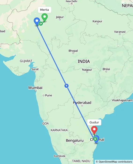 Route map showing distance and travel time from Merta, India to Gudur, India