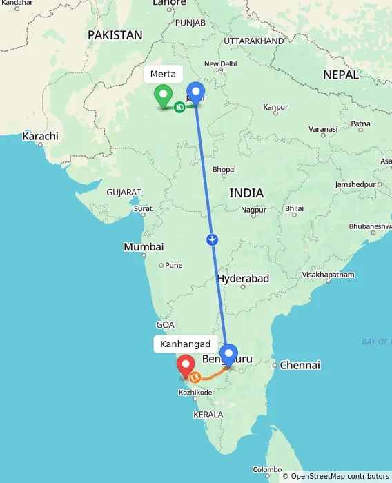 Route map showing distance and travel time from Merta, India to Kanhangad, India