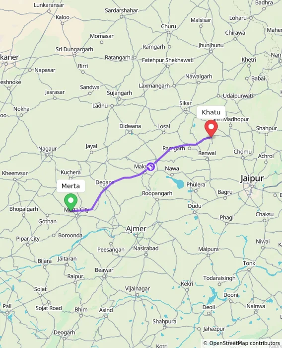 Route map showing distance and travel time from Merta, India to Khatu, India
