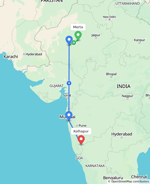 Route map showing distance and travel time from Merta, India to Kolhapur, India