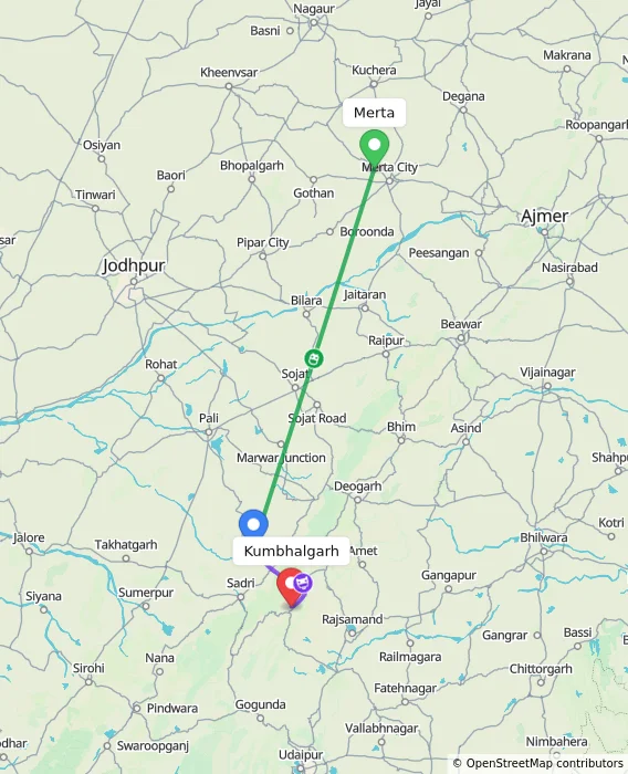 Route map showing distance and travel time from Merta, India to Kumbhalgarh, India