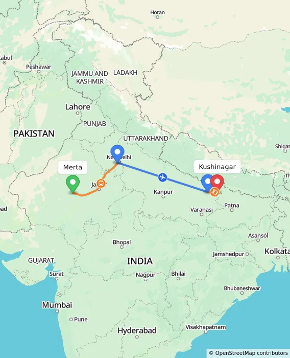 Route map showing distance and travel time from Merta, India to Kushinagar, India