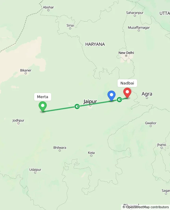 Route map showing distance and travel time from Merta, India to Nadbai, India