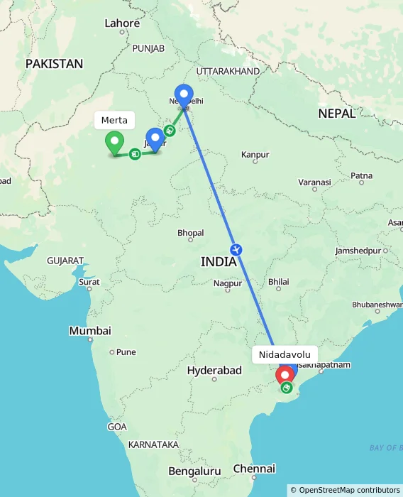 Route map showing distance and travel time from Merta, India to Nidadavolu, India