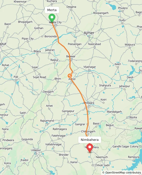 Route map showing distance and travel time from Merta, India to Nimbahera, India