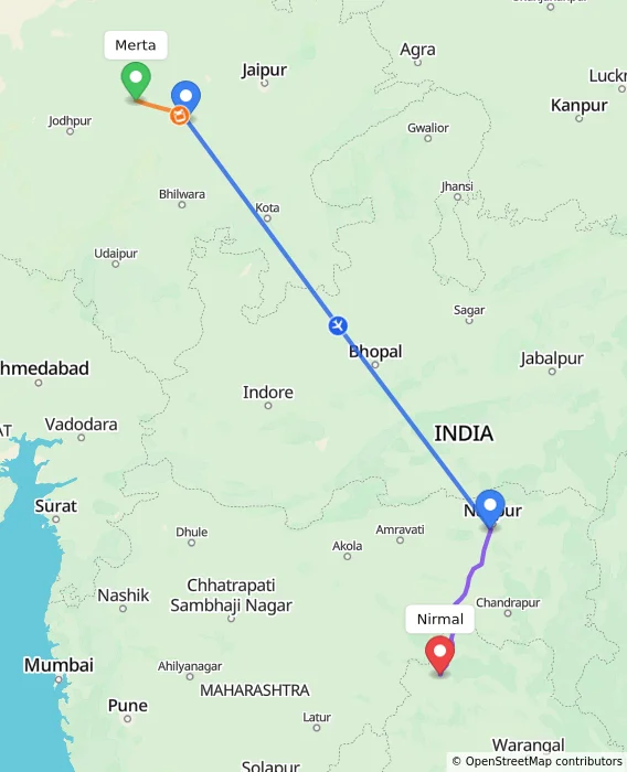 Route map showing distance and travel time from Merta, India to Nirmal, India