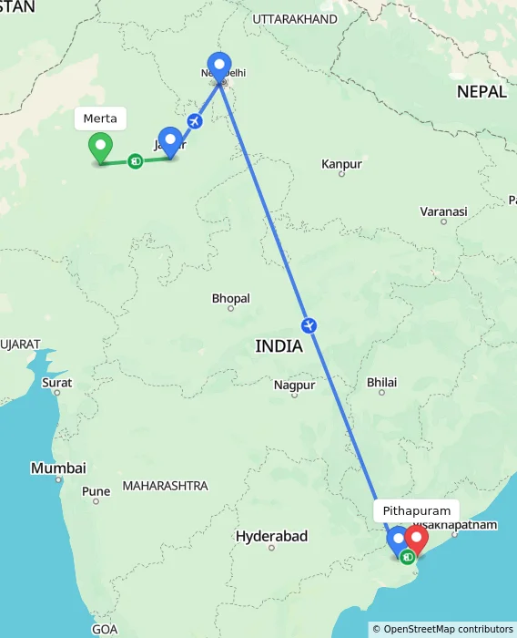 Route map showing distance and travel time from Merta, India to Pithapuram, India