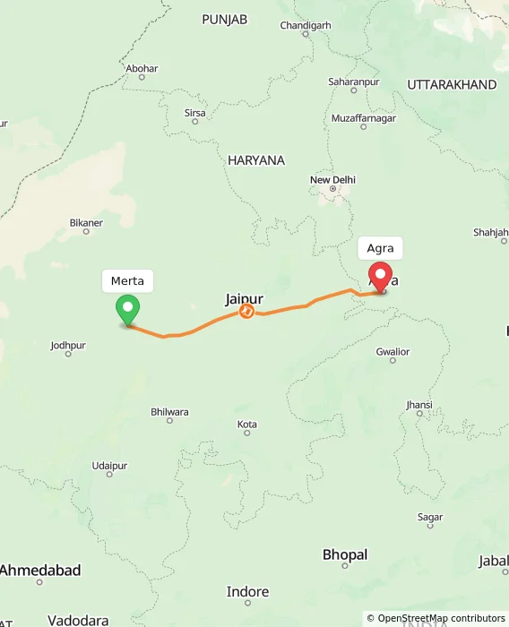 Route map showing distance and travel time from Merta, India to Agra, India