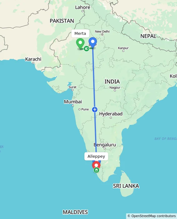 Route map showing distance and travel time from Merta, India to Alleppey, India
