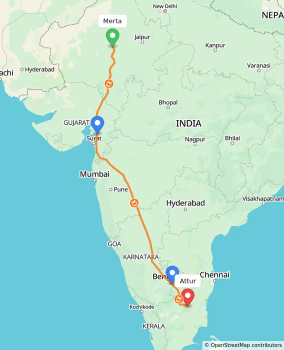 Route map showing distance and travel time from Merta, India to Attur, India