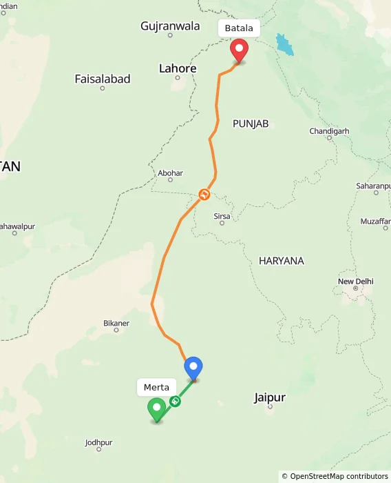 Route map showing distance and travel time from Merta, India to Batala, India