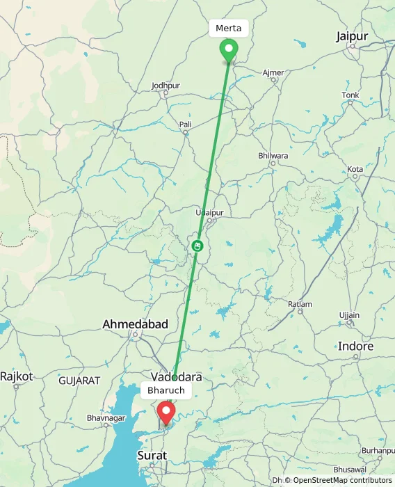 Route map showing distance and travel time from Merta, India to Bharuch, India