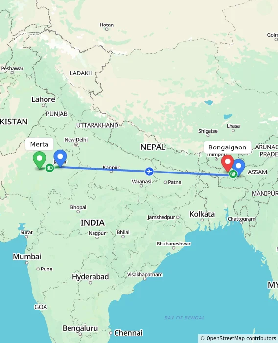Route map showing distance and travel time from Merta, India to Bongaigaon, India