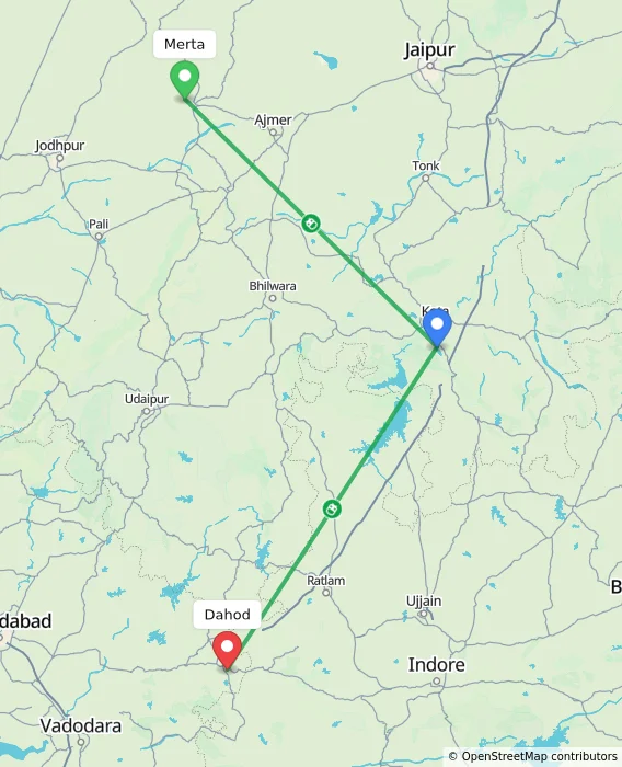 Route map showing distance and travel time from Merta, India to Dahod, India