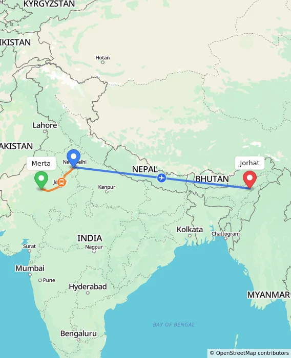 Route map showing distance and travel time from Merta, India to Jorhat, India